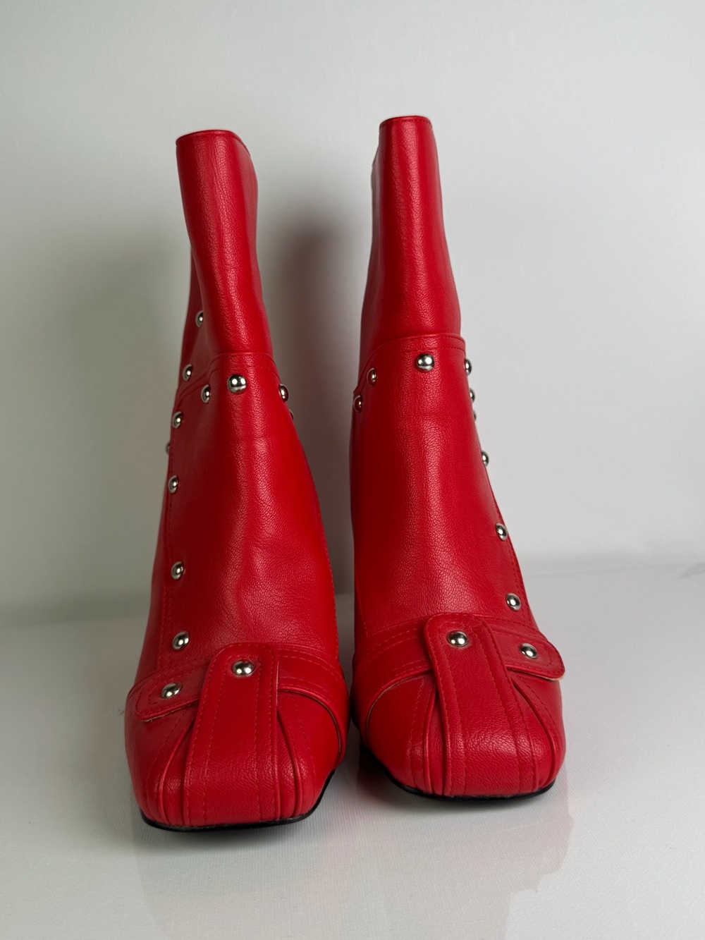🔥👢Red Studded Women's Leather Ankle Boots
